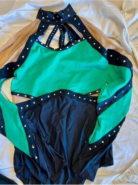 Black and Green Long-Sleeve Rhinestone Trim Bodysuit